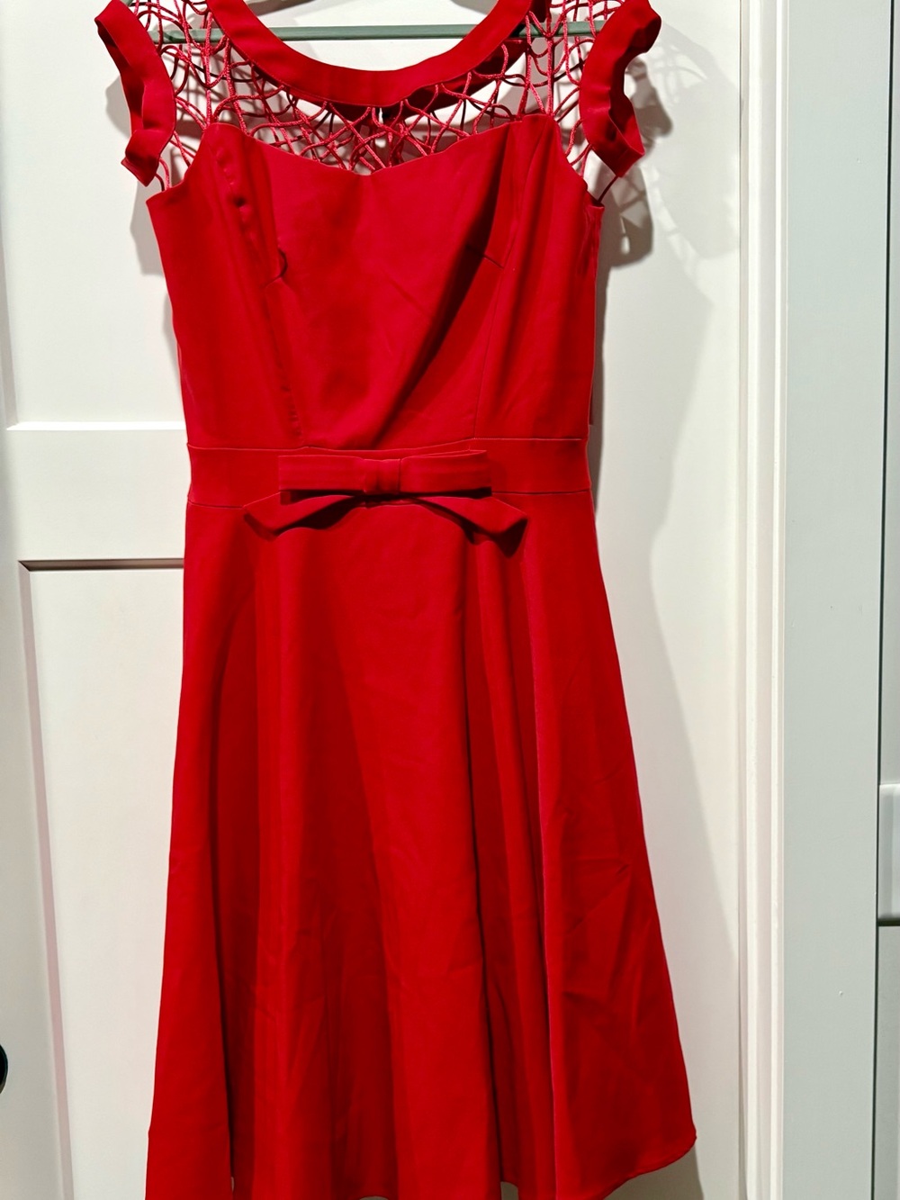 Tatyana Red Dress with Lattice Yoke and Waist Bow